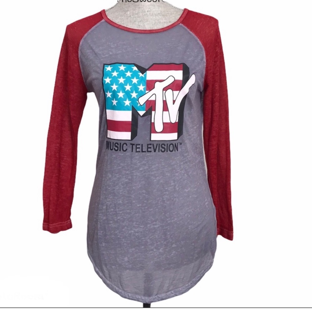 MTV Burnout Raglan Long Sleeve Baseball Tee American Flag Logo Small
